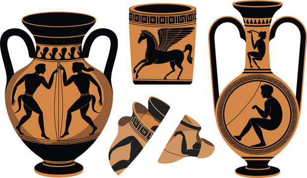 Ancient Greek black figure pottery amphora and vase vector set, antique pottery artifacts, mythical pegasus illustration