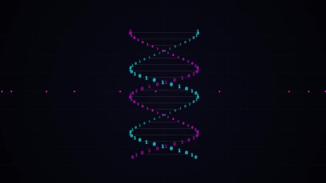 Abstract digital DNA double helix formed by pink and blue binary data code on a dark grid background