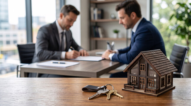 Signature d'un Contrat Immobilier avec Cl&eacute;s et Maison Miniature