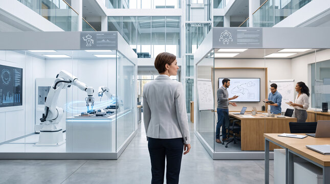 Bureaux modernes illustrant la concurrence entre travail humain et robotisation