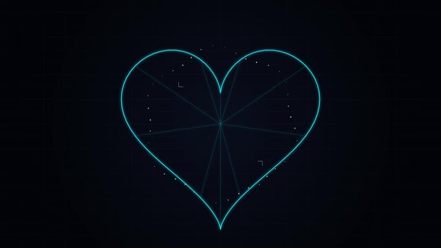 Blue glowing futuristic heart HUD icon pulsates on a digital medical interface against a dark grid background