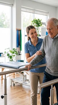 Professional female physical therapist helping senior man patient walk with parallel bars during rehabilitation session in clinic