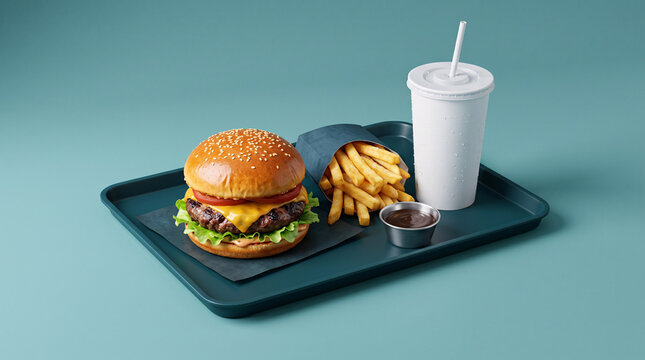 Menu de Fast Food avec Burger Frites et Boisson sur Fond Uni