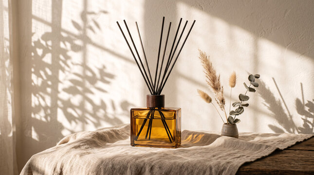 Diffuseur de parfum d&rsquo;ambiance sur tissu baign&eacute; de lumi&egrave;re naturelle