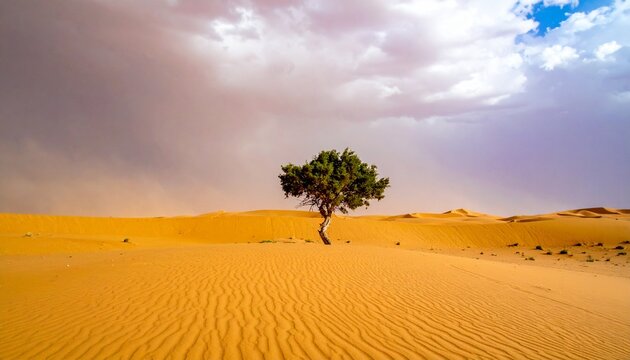 Atmospheric desert landscape featuring a solitary tree standing against dark storm clouds above golden sand dunes. Ideal for climate concepts, resilience, travel, environmental campaigns.