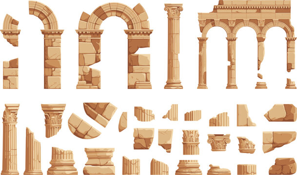 Ancient Roman architectural arches and broken stone column ruins vector set, antique temple elements, flat illustration