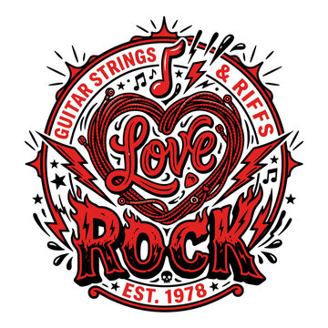 Rock and roll love heart with guitar strings and music notes