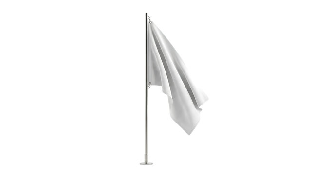 Blank white flag mockup waving on a vertical metal pole against a white background