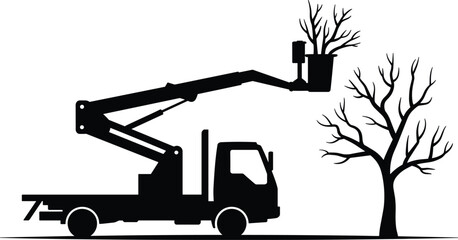 Cherry picker bucket truck trimming bare tree branches silhouette, professional arborist service vector graphic design illustration © Kaiyum