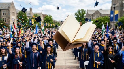 Obraz premium Graduation Ceremony with Students and Floating Book in Outdoor Setting.