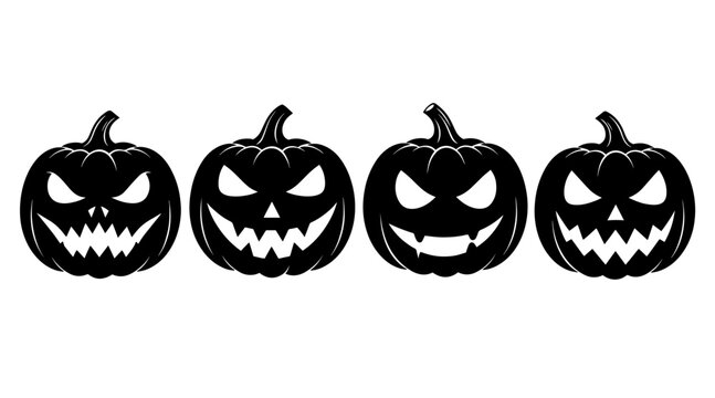 Four Spooky Jack O' Lantern Pumpkins with Carved Faces for Halloween