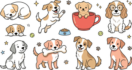 Fototapeta premium Cute Puppy Dog Illustration Collection Featuring Playful, Sleeping, Sitting, and Happy Dogs with Pet Accessories for Nursery, Kids, and Veterinary Designs