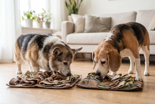 Two mature dogs finding hidden treats in colorful fabric snuffle mats