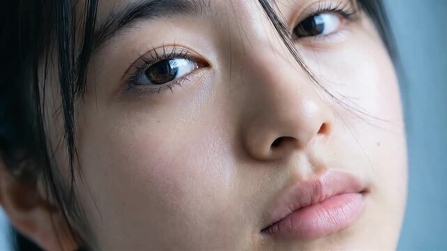 澄んだ瞳でカメラをじっと見つめる若い女性の綺麗な肌と表情のクローズアップ