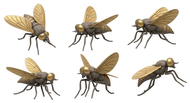 six 3d rendered flies in different poses on a plain white background science projects and illustrations