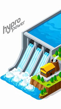 Isometric hydroelectric dam renewable energy illustration