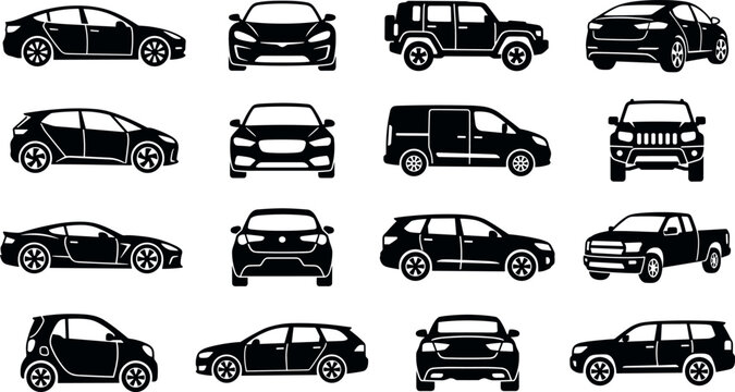 Automobile silhouette icon set featuring sedan, SUV, hatchback, pickup truck, van, and compact car designs in black vector style