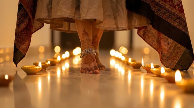 Bare feet and silver anklets walking near lit diyas.