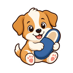 Obraz premium Cute Puppy Cartoon Holding a Blue Slipper Isolated on White Background Mascot Character Illustration