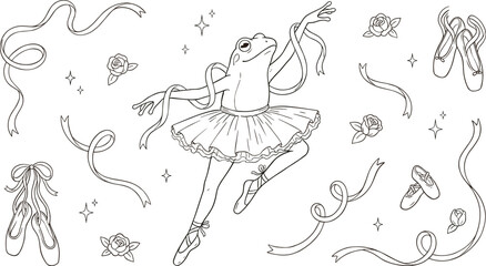 Whimsical Ballerina Frog Line Art Vector Set with Pointe Shoes, Tutu, Ribbons, and Roses for Coloring Pages and Aesthetic Tattoo Designs © MST