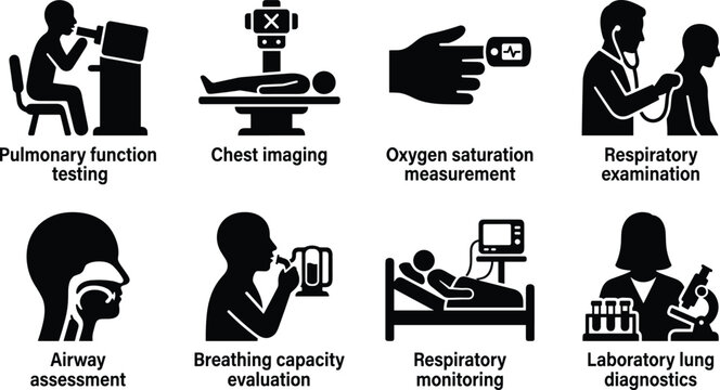 Respiratory Healthcare and Pulmonary Diagnostics Silhouette Icons Set for Lung Function Testing and Patient Monitoring