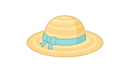 Fototapeta premium Straw sun hat with light blue ribbon illustration isolated on white