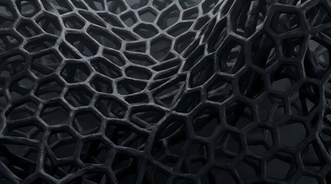 Black 3D honeycomb mesh geometric background pattern.