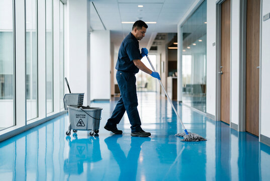 A professional janitor mops a shiny blue floor in a modern hallway