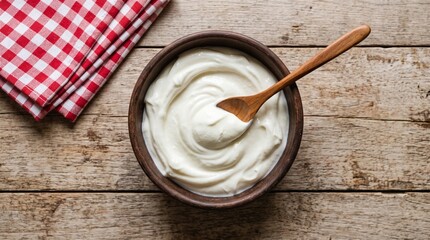Fototapeta premium Commercial top-down food photography of thick, creamy Greek yogurt or sour cream in a rustic clay bowl with a wooden spoon – premium dairy product branding, organic breakfast food marketing, and culin