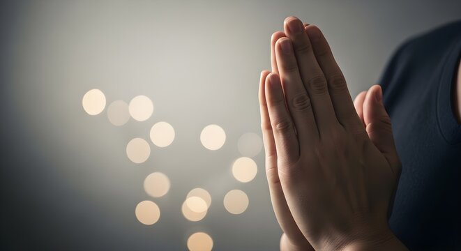 Close-up of a person's hands pressed together in a prayer gesture, with soft bokeh lights in the background