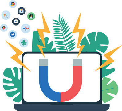 Laptop with magnet attracting social media user icons, vector lead generation inbound digital marketing strategy concept
