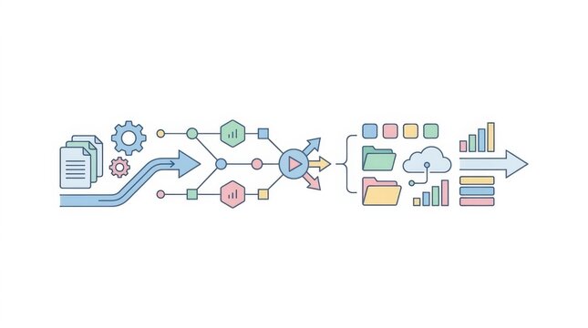 Data processing and management workflow illustration with icons