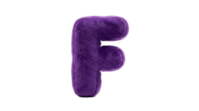 Plush purple fuzzy letter f isolated on white background for educational design