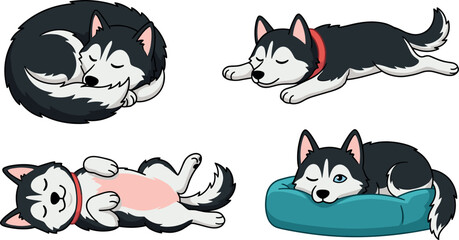 Cute Cartoon Siberian Husky Sleeping and Relaxing Puppy Dog Character Vector Set with Curled Up, Belly Up, and Dog Bed Sleeping Poses © Mstogifa