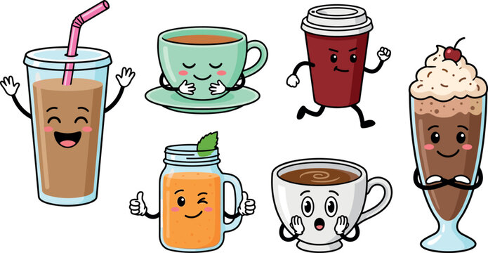 Cute Cartoon Coffee Cups and Beverage Character Vector Set with Kawaii Expressions, Iced Latte, Milkshake, Smoothie Jar, Hot Tea, and Paper Cup Mascots