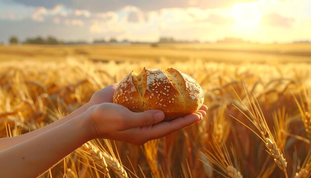 Close-up of hands holding a freshly baked loaf of bread in a wheat field at sunset, bathed in golden light