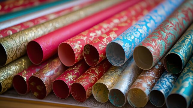 Assortment of festive Christmas wrapping paper rolls with intricate gold and silver designs in vibrant colors