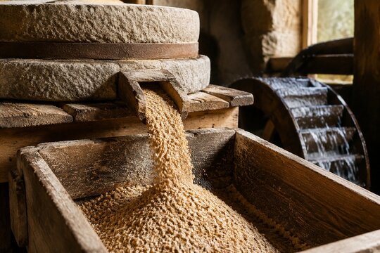 Coarse grain powder flowing from an old watermill's stone mill.