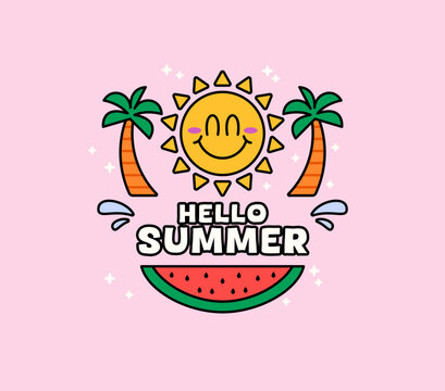 Hello summer typography featuring a smiling sun, palm trees, water splash, and watermelon slice. Ideal for vacation, tropical, seasonal, greeting, and sunny weather designs vector illustration
