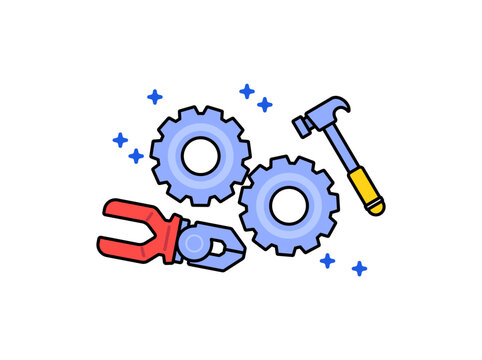 Construction tools including gears, hammer, and pliers for repair, engineering, maintenance, workshop, DIY, and industrial concepts colorful cartoon illustration vector for icon or sticker