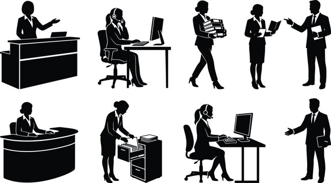 Office Professional Silhouette Collection Featuring Receptionists Administrative Staff Customer Service and Corporate Workers Vector Set