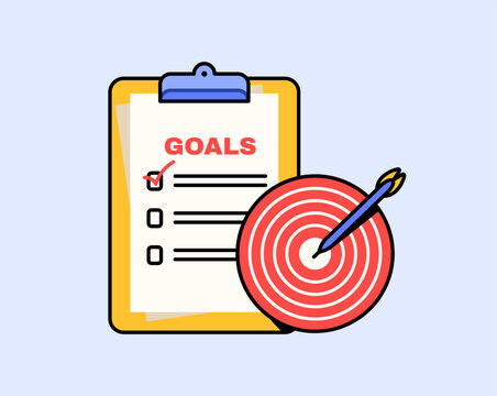 Goals checklist with a target and arrow representing planning, productivity, and achievement. Ideal for business, project management, motivation, and success concepts vector cartoon