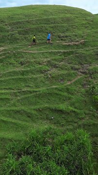 Asian couple walking grassy hilltop Lombok island,tourists hiking narrow ridge at Bukit Merese with green terraces, coastal cliffs and ocean view drone aerial reveals sweeping panorama, Vertical video
