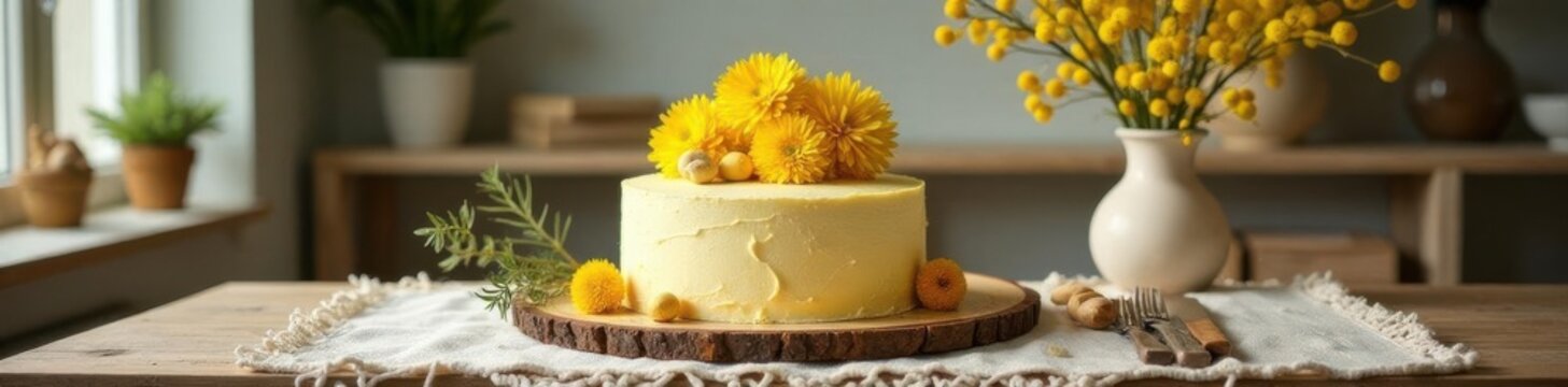 Bright yellow mimosa centerpiece, Easter cake, rustic Scandinavian living room, macrame details, festive table , macrame, feast
