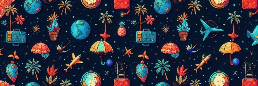 Dark travel doodles, seamless horizontal pattern , globe, travel, stars