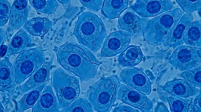Blue human squamous epithelial cells under microscope.