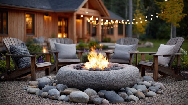 Cozy outdoor fire pit with Adirondack chairs and string lights at dusk