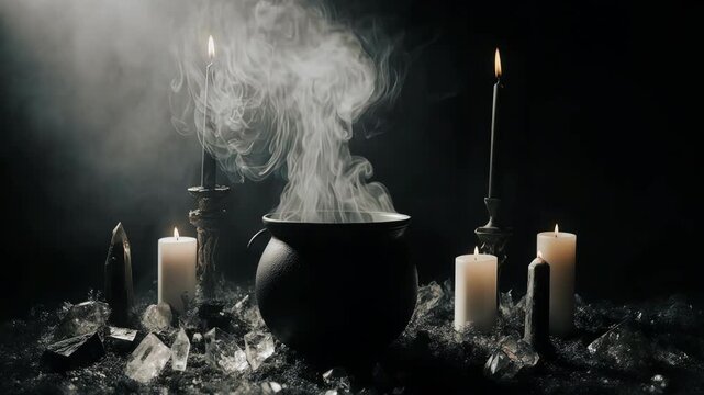 Witch&rsquo;s altar with a bubbling black cauldron emitting glowing smoke, surrounded by flickering candles, crystals, dried herbs, and ancient spell books, dark wooden room interior, warm golden candleligh