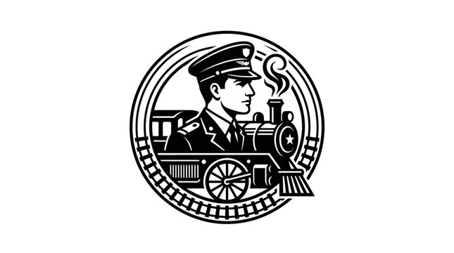 Vintage train conductor in uniform profile.