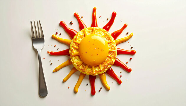 Creative sun shaped breakfast made with fried egg yolk and sauce rays served on white plate with a fork